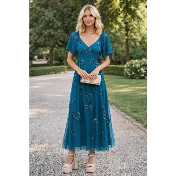 Adrianna Papell Dresses & Skirts - Adrianna Papell Teal Beaded V-Neck Midi Dress